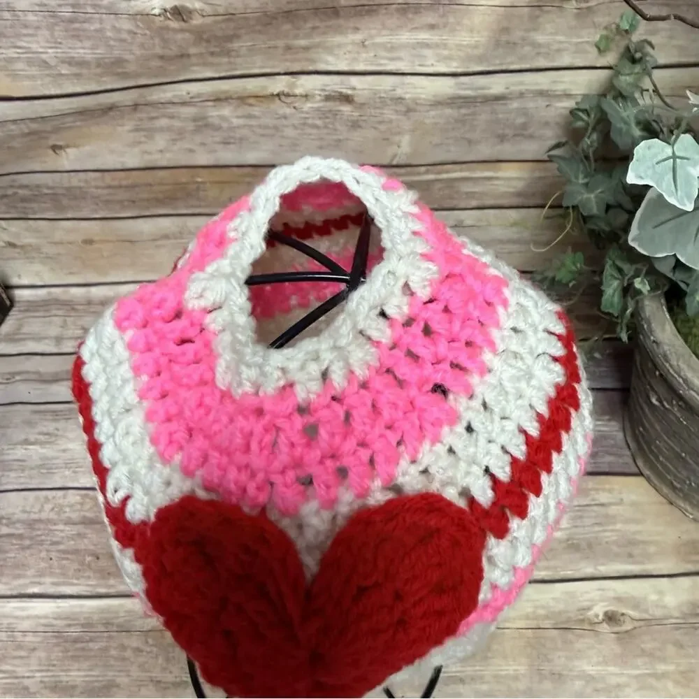 Handmade Heart Knit Hat - Red, Pink, Cream. Messy Bun